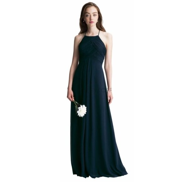 Bill Levkoff Navy Chiffon Halter Gown Size 10 - Picture 1 of 9